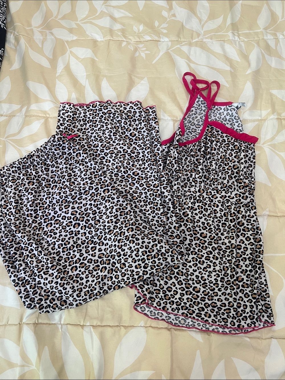 Leopard Print Satin Sleep Set with Pink Trim